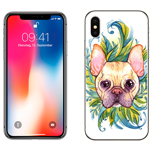 Наклейка на Телефон Apple iPhone X Акварельный бульдог,  купить в Москве – интернет-магазин Allskins, животные, собаки, бульдог, акварель