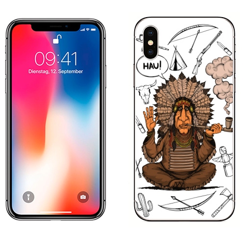 Наклейка на Телефон Apple iPhone X Вождь индейцев,  купить в Москве – интернет-магазин Allskins, магия, военные, краснокожий, Америка, Вестерн, индеец