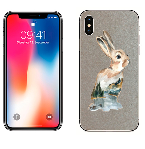 Наклейка на Телефон Apple iPhone X Акварельный кролик,  купить в Москве – интернет-магазин Allskins, акварель, заяц, природа