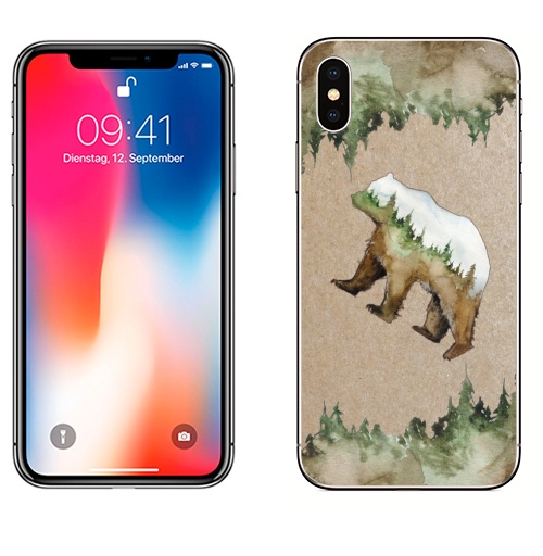 Наклейка на Телефон Apple iPhone X Лесной медведь,  купить в Москве – интернет-магазин Allskins, крутые животные, лес, медведь, природа, акварель
