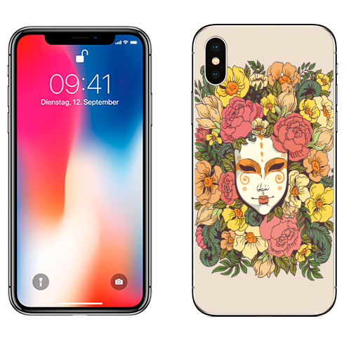 Наклейка на Телефон Apple iPhone X Цветочная маска,  купить в Москве – интернет-магазин Allskins, весна, лицо, цветы, маска, узор, декоративный, растение, букет, желтый