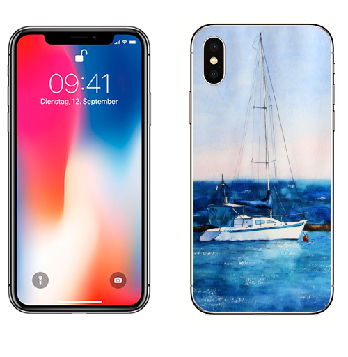 Наклейка на Телефон Apple iPhone X Тихая гавань,  купить в Москве – интернет-магазин Allskins, морская, лодка, яхта, синий, лето, плакат, живопись