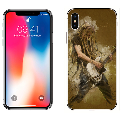 Наклейка на Телефон Apple iPhone X Да будет РОК,  купить в Москве – интернет-магазин Allskins, rock, музыка, гитара, гитарист, музыкант, брызги, акварель, дреды, рифф