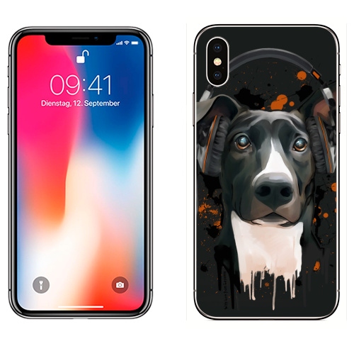 Наклейка на Телефон Apple iPhone X Пёс меломан,  купить в Москве – интернет-магазин Allskins, крутые животные, собаки, веселый, черный, животные, меломан, музыка, милые животные