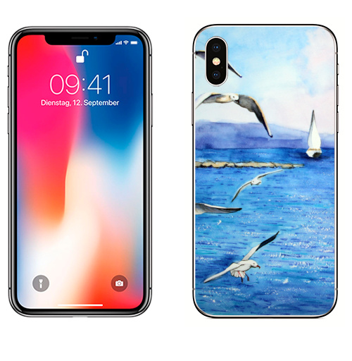 Наклейка на Телефон Apple iPhone X Морские чайки,  купить в Москве – интернет-магазин Allskins, акварель, морская, синий, чайка, отдых, волны