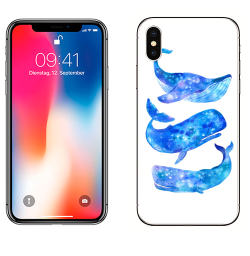 Наклейка на Телефон Apple iPhone X Акварельные синие киты,  купить в Москве – интернет-магазин Allskins, прохлада, свежесть, отпуск, глубина, вода, морская, океаны, лето, синий