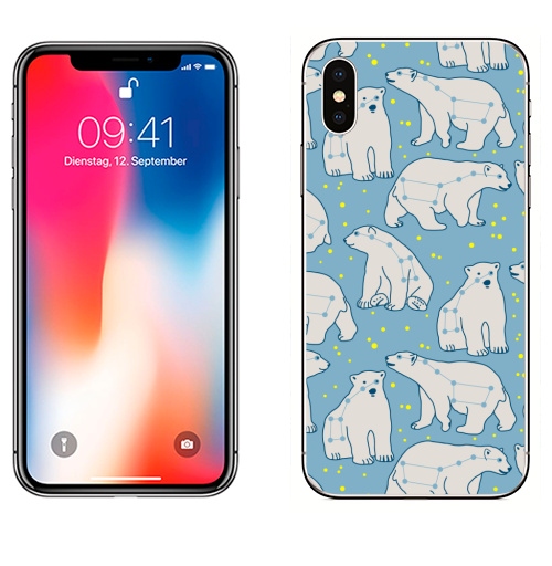 Наклейка на Телефон Apple iPhone X Мишки созвездия,  купить в Москве – интернет-магазин Allskins, звезда, созвездие, малая, большая, медведица, дикий, белый, животные, медведь