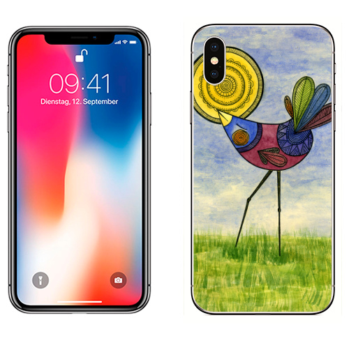 Наклейка на Телефон Apple iPhone X Птица на очень длинных ногах,  купить в Москве – интернет-магазин Allskins, птицы, природа, перья, разноцветный, разноцветное