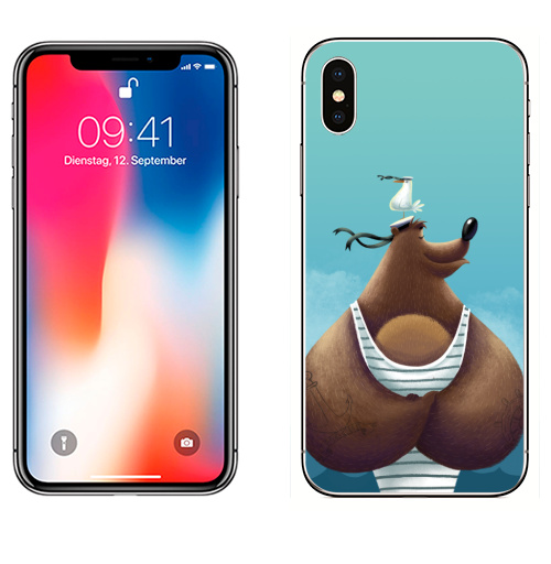 Наклейка на Телефон Apple iPhone X Миша Морячок,  купить в Москве – интернет-магазин Allskins, медведь, чайка, морская