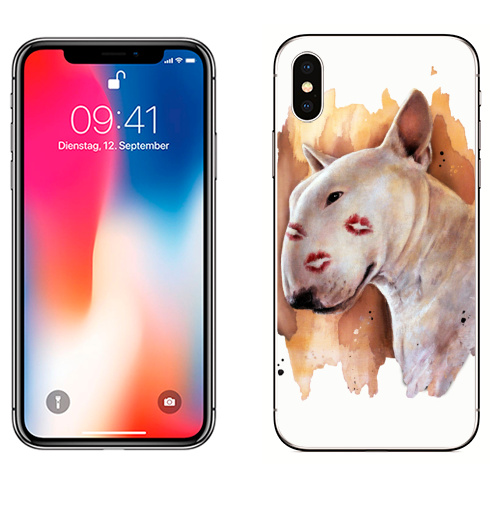 Наклейка на Телефон Apple iPhone X Бультерьер зацелованный,  купить в Москве – интернет-магазин Allskins, крутые животные, бультерьер, собаки, поцелуй