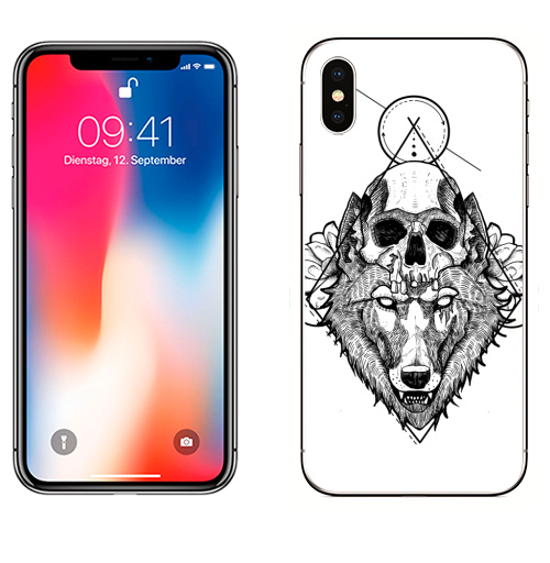 Наклейка на Телефон Apple iPhone X Санитар леса ,  купить в Москве – интернет-магазин Allskins, черно-белое, татуировки, лайнворк, волк, череп