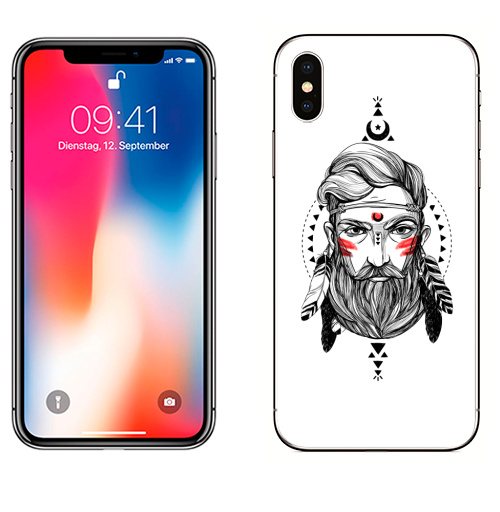 Наклейка на Телефон Apple iPhone X Шаман с бородой в этническом стиле.,  купить в Москве – интернет-магазин Allskins, черно-белое, треугольник, магия, этно, перья, индеец