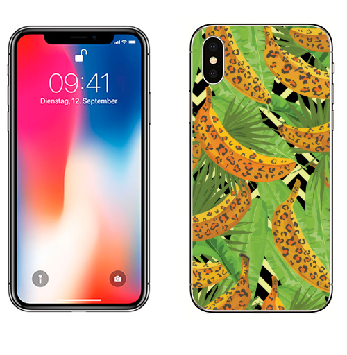 Наклейка на Телефон Apple iPhone X Паттерн с банами,  купить в Москве – интернет-магазин Allskins, зеленый, текстура, хищник, джунгли, листья, тропики, паттерн, леопард, банан