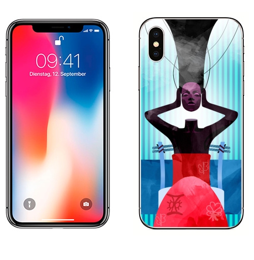 Наклейка на Телефон Apple iPhone X Номер Шесть,  купить в Москве – интернет-магазин Allskins, сюрреализм, голова, бирюзовый, синий, красный, символ, африканский, африка, афро, дух