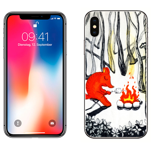 Наклейка на Телефон Apple iPhone X Сова в лисьем сне сидит на сосне ,  купить в Москве – интернет-магазин Allskins, серый, уютно, сон, огонь, лес, деревья, лиса, животные, сова