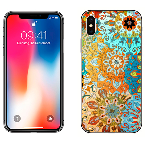 Наклейка на Телефон Apple iPhone X Солнечная мандала,  купить в Москве – интернет-магазин Allskins, яркий, мандала, индийский, восточный, оранжевый, паттерн, синий, голубой, сияющий