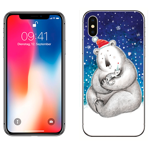 Наклейка на Телефон Apple iPhone X Тёплые обнимашки,  купить в Москве – интернет-магазин Allskins, медведь, кошка, мило, снег, новый год, любовь, дружба