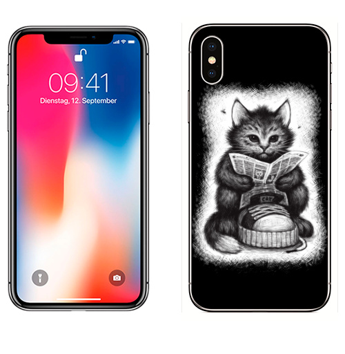 Наклейка на Телефон Apple iPhone X Кот в ботинке,  купить в Москве – интернет-магазин Allskins, милые животные, животные, кошка, прикол, позитив, мимими, черно-белое