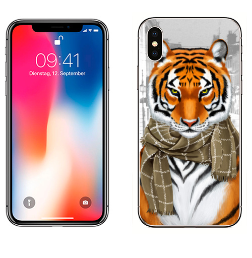 Наклейка на Телефон Apple iPhone X Тигр в городе,  купить в Москве – интернет-магазин Allskins, милые животные, животные, тигры
