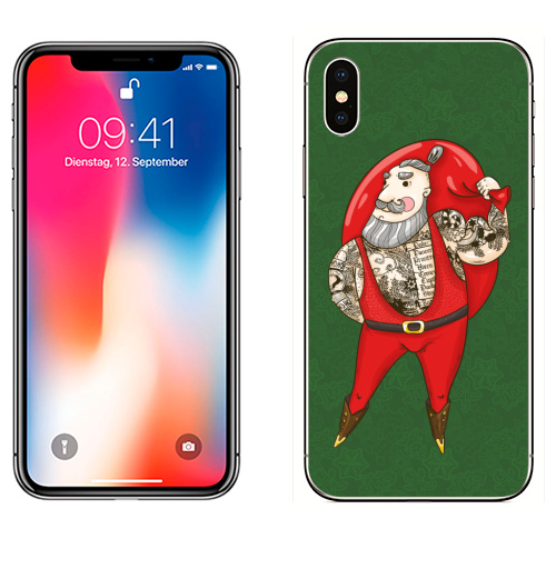 Наклейка на Телефон Apple iPhone X Модный Санта,  купить в Москве – интернет-магазин Allskins, хипстер, дед мороз, секс, татуировки, новый год, дед, мода, зеленый, красный, круто