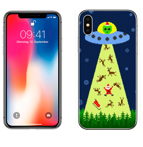 Наклейка на Телефон Apple iPhone X Похищение Санта Клауса,  купить в Москве – интернет-магазин Allskins, инопланетяне, космос, свитер, снег, олень, Санта_Клаус, новый год