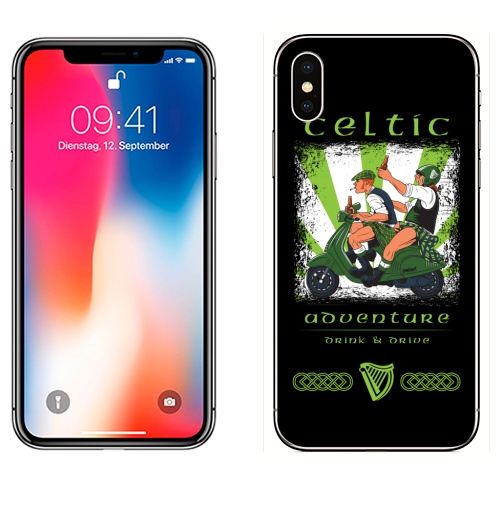 Наклейка на Телефон Apple iPhone X Кельтское приключение,  купить в Москве – интернет-магазин Allskins, Ирландия, кельт, килт, мотоцикл, приключения, алкоголь, персонажи, путешествия, отдых
