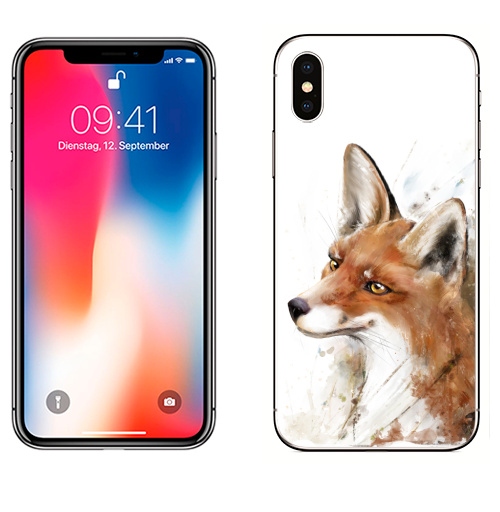 Наклейка на Телефон Apple iPhone X Рыжая лиса,  купить в Москве – интернет-магазин Allskins, лиса, природа, оранжевый, акварель, животные