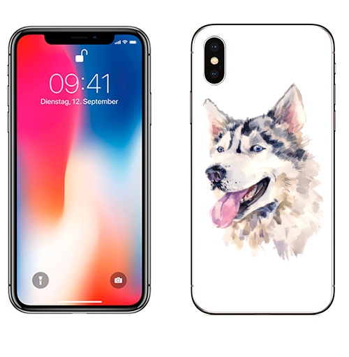 Наклейка на Телефон Apple iPhone X Собака хаски,  купить в Москве – интернет-магазин Allskins, мило, животные, персонажи, собаки, хаски, акварель, детские