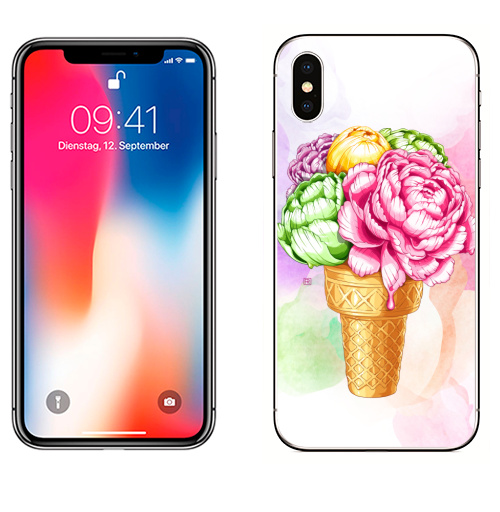 Наклейка на Телефон Apple iPhone X Любителям мороженного,  купить в Москве – интернет-магазин Allskins, цветы, пион, мороженое, акварель, нежно, оксюморон