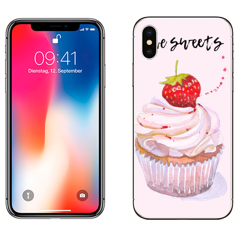 Наклейка на Телефон Apple iPhone X Люблю сладенькое,  купить в Москве – интернет-магазин Allskins, надписи на английском, надписи, сладости, капкейк, клубника, торт, десерт, розовый, красный