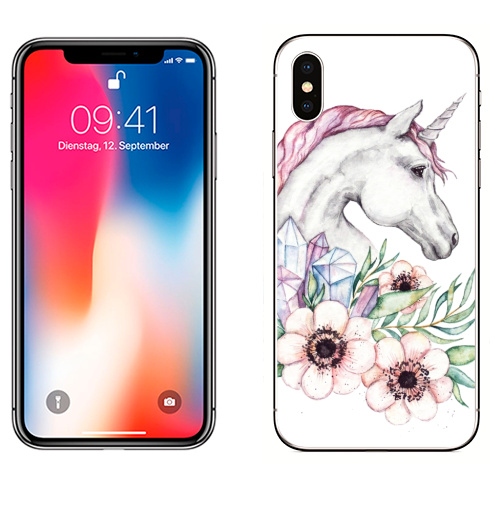 Наклейка на Телефон Apple iPhone X Весенний единорог,  купить в Москве – интернет-магазин Allskins, лошадь, белый, розовый, акварель, девушке, весна, кристалл, цветы, единорог, магия