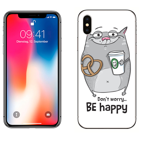 Наклейка на Телефон Apple iPhone X Будь счастлив с серым котом,  купить в Москве – интернет-магазин Allskins, будь, счастлив
