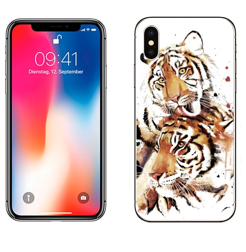 Наклейка на Телефон Apple iPhone X Влюбленные тигры,  купить в Москве – интернет-магазин Allskins, семейные, семья, любовники, сердце, акварель, кошка, любовь, хищник
