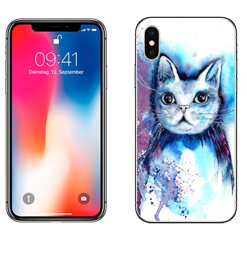 Наклейка на Телефон Apple iPhone X Большеглазый космокот,  купить в Москве – интернет-магазин Allskins, кошка, акварель, космос, космокот, голубой, яркий, фиолетовый, красота