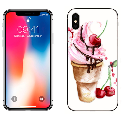 Наклейка на Телефон Apple iPhone X Мороженое с вишенкой,  купить в Москве – интернет-магазин Allskins, акварель, мороженое, вишня, шоколад, сладости, яркий, нежно