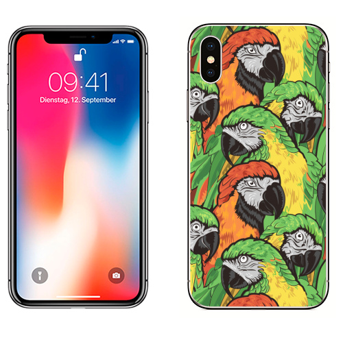 Наклейка на Телефон Apple iPhone X Попугаи,  купить в Москве – интернет-магазин Allskins, попугаи, волнистый, позитив, яркий, отдых, жара, красочный, зеленый, оранжевый
