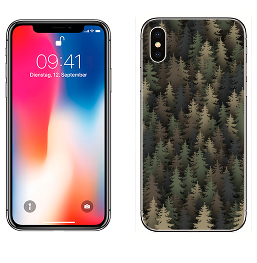 Наклейка на Телефон Apple iPhone X Лесной камуфляж,  купить в Москве – интернет-магазин Allskins, лес, природа, охота, военные, хаки, деревья, ель, новый год