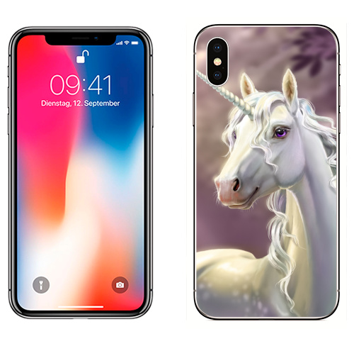 Наклейка на Телефон Apple iPhone X Единорог в лесу,  купить в Москве – интернет-магазин Allskins, единорог, лошадь, рог, рогатый, клякса, грива, лес, фонарь