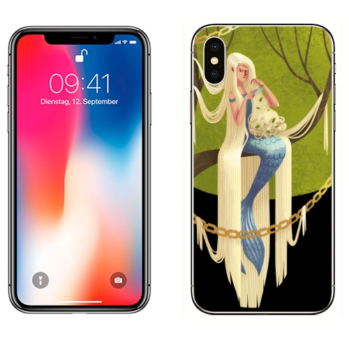 Наклейка на Телефон Apple iPhone X Русалка с длинными волосами,  купить в Москве – интернет-магазин Allskins, лес, природа, растение, зеленый, лето, золото, цепь, сказки, русалка