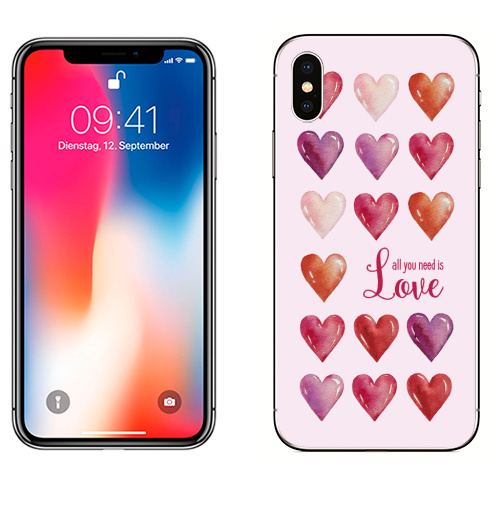 Наклейка на Телефон Apple iPhone X Всё что нам нужно - это только любовь,  купить в Москве – интернет-магазин Allskins, любовьсердце, любовь, сердце, акварель, любимой, красный, красота, розовый