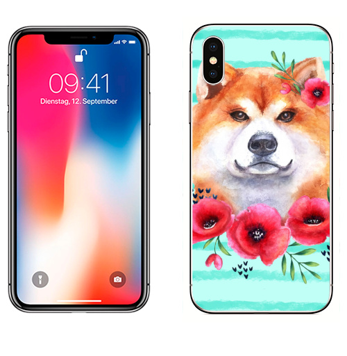 Наклейка на Телефон Apple iPhone X Акита и маки,  купить в Москве – интернет-магазин Allskins, крутые животные, собаки, рыжая, акварель, мак, цветы, красный, акита