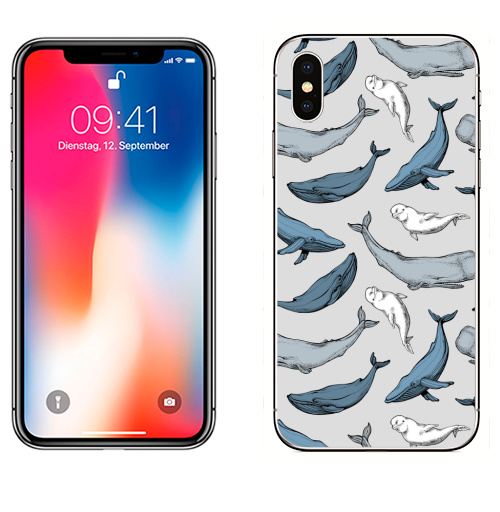 Наклейка на Телефон Apple iPhone X Киты повсюду,  купить в Москве – интернет-магазин Allskins, вода, океаны, синий, серый, горбатый, кашалот, паттерн, морская, киты