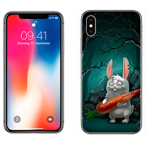 Наклейка на Телефон Apple iPhone X Кролик с морковкой,  купить в Москве – интернет-магазин Allskins, морковка, кролики, волк, лес, ночь, страшно, кровь