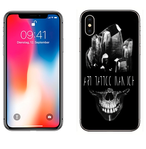 Наклейка на Телефон Apple iPhone X Бессмертные кристаллы,  купить в Москве – интернет-магазин Allskins, черно-белое, графика, точки, кристалл, черное и белое, черный, череп