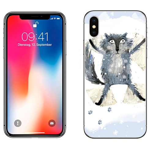 Наклейка на Телефон Apple iPhone X Снежный ангел,  купить в Москве – интернет-магазин Allskins, волк, снег, зима