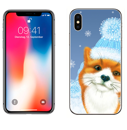 Наклейка на Телефон Apple iPhone X Зимний лисёнок,  купить в Москве – интернет-магазин Allskins, лиса, рыжая, зима, пушистый, снег, шапка