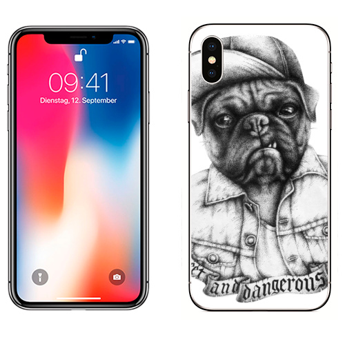 Наклейка на Телефон Apple iPhone X Опасный мопс,  купить в Москве – интернет-магазин Allskins, крутые животные, черное и белое, Мопс, собаки, мило, кепка, дерзкий, татуировки, оскал, черно-белое, хулиган
