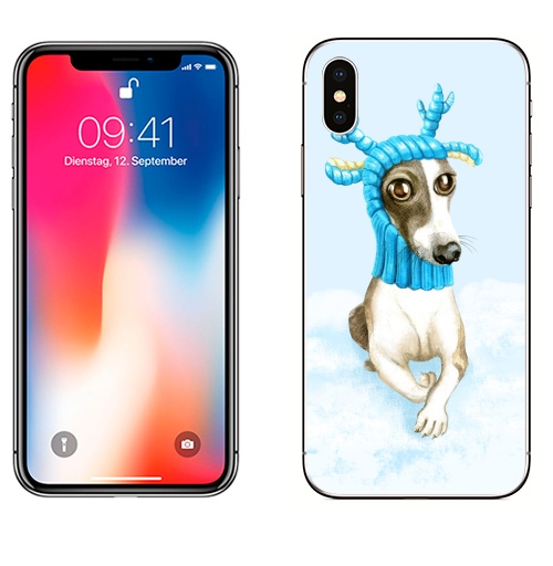 Наклейка на Телефон Apple iPhone X Олешек,  купить в Москве – интернет-магазин Allskins, собаки, олень, шапка, зима, мило, акварель, олешек