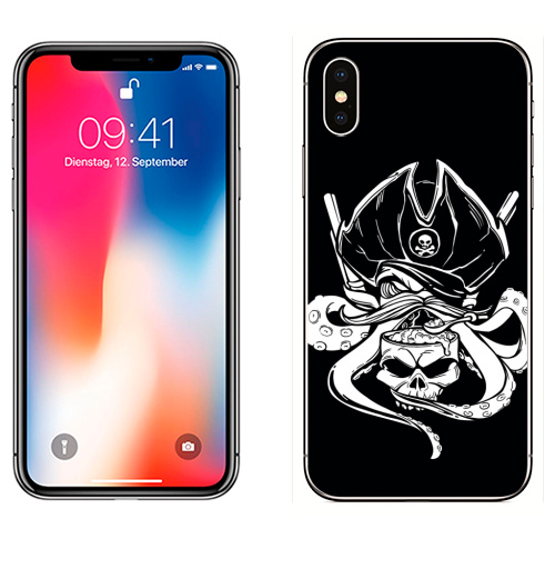 Наклейка на Телефон Apple iPhone X Осьминог-пират,  купить в Москве – интернет-магазин Allskins, осьминог, пират, мозг, шляпа, усы, еда, ест, оружие, графика
