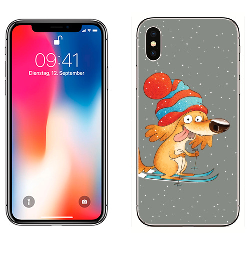 Наклейка на Телефон Apple iPhone X Снежный Бобик,  купить в Москве – интернет-магазин Allskins, шапка, желтый, радость, спорт, снег, лыжи, зима, собаки